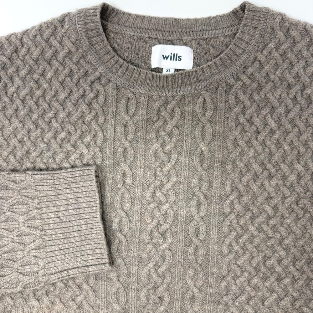 Wills Mens XL 100%‎ Wool Cable Knit Crewneck Sweater Taupe Brown Pullover
